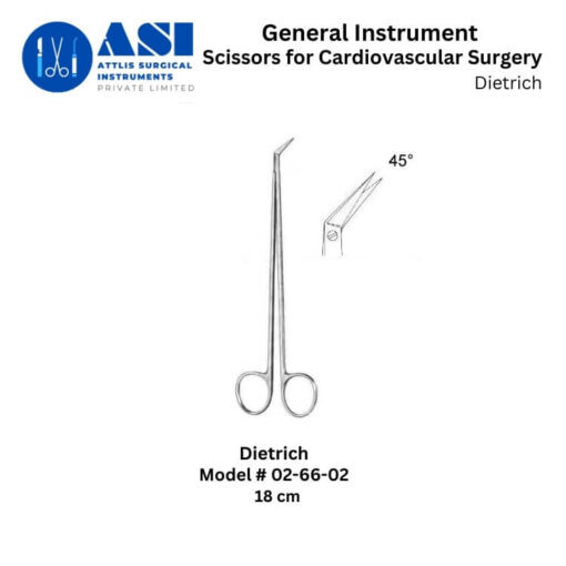 Dietrich Cardiovascular Scissors made from premium stainless steel, designed for precision cutting in cardiac and vascular surgeries. Features sharp, durable blades and an ergonomic handle for enhanced control and accuracy.