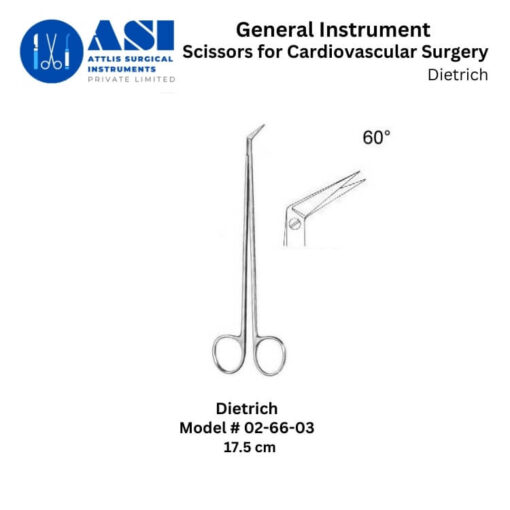 Dietrich Cardiovascular Scissors made from premium stainless steel, designed for precision cutting in cardiac and vascular surgeries. Features sharp, durable blades and an ergonomic handle for enhanced control and accuracy.