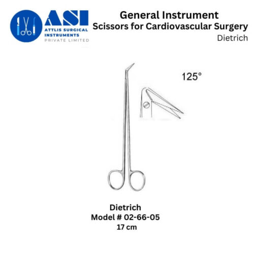 Dietrich Cardiovascular Scissors made from premium stainless steel, designed for precision cutting in cardiac and vascular surgeries. Features sharp, durable blades and an ergonomic handle for enhanced control and accuracy.