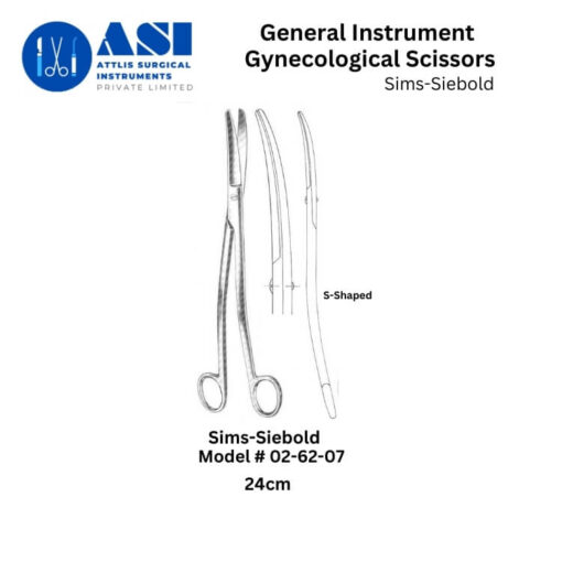 High-quality Sims-Siebold Gynecological Scissors made of stainless steel, designed for precision cutting in gynecological procedures, featuring sharp blades and an ergonomic grip.